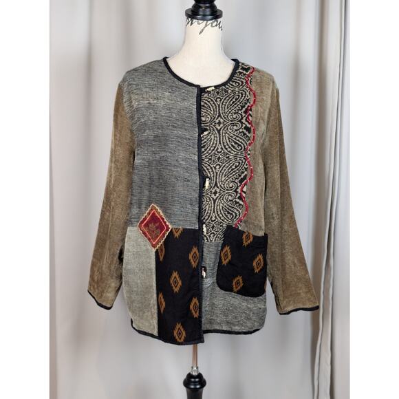 White Stag Patchwork Chenille Jacket L Boho Artsy Textured Button Front Coat - Picture 14 of 14